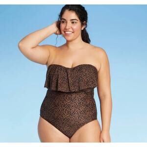 Kona Sol Brown Animal Print Bandeau Flounce High Coverage One Piece Swimsuit 26W